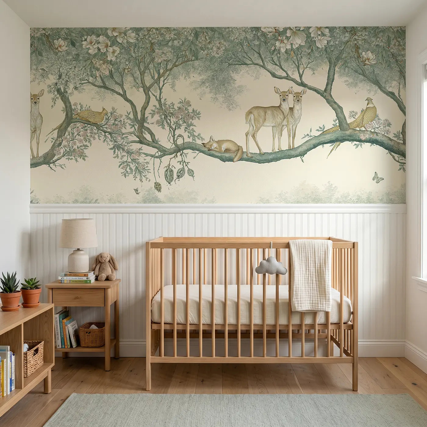 Botanical Elegance magnolia canopy deer pheasant wainscoting wallpaper for nursery by Whimsy Tots