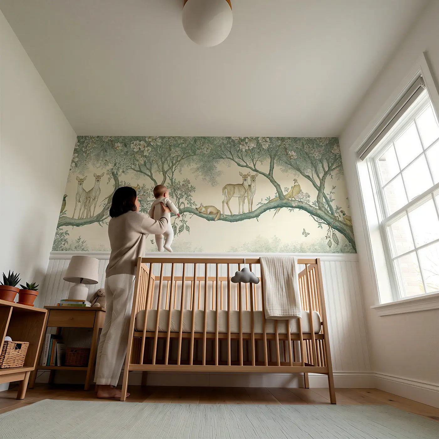 Child reading near Magnolia Canopy Deer Pheasant Wainscoting Wallpaper by Whimsy Tots