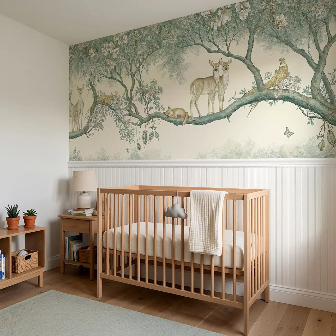 Magnolia Canopy Deer Pheasant Wainscoting Wallpaper styled in a kids bedroom by Whimsy Tots