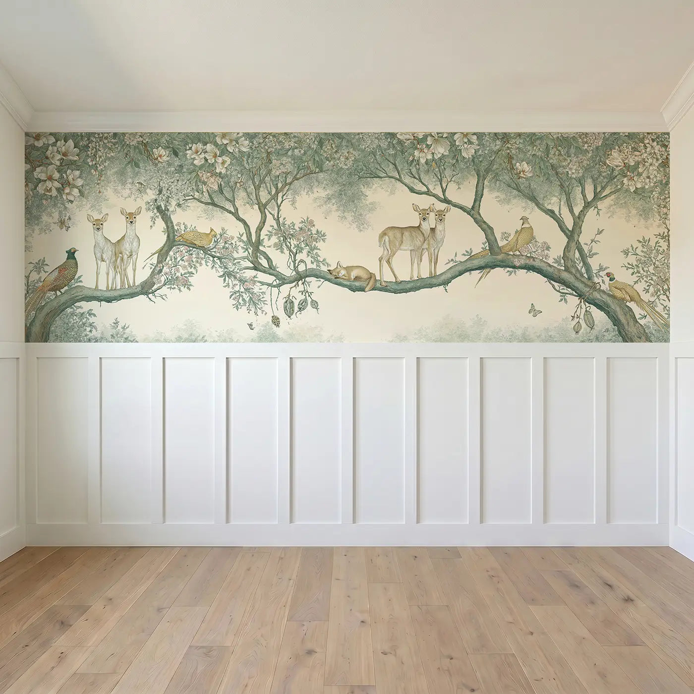 Full panel view of Magnolia Canopy Deer Pheasant Wainscoting Wallpaper by Whimsy Tots