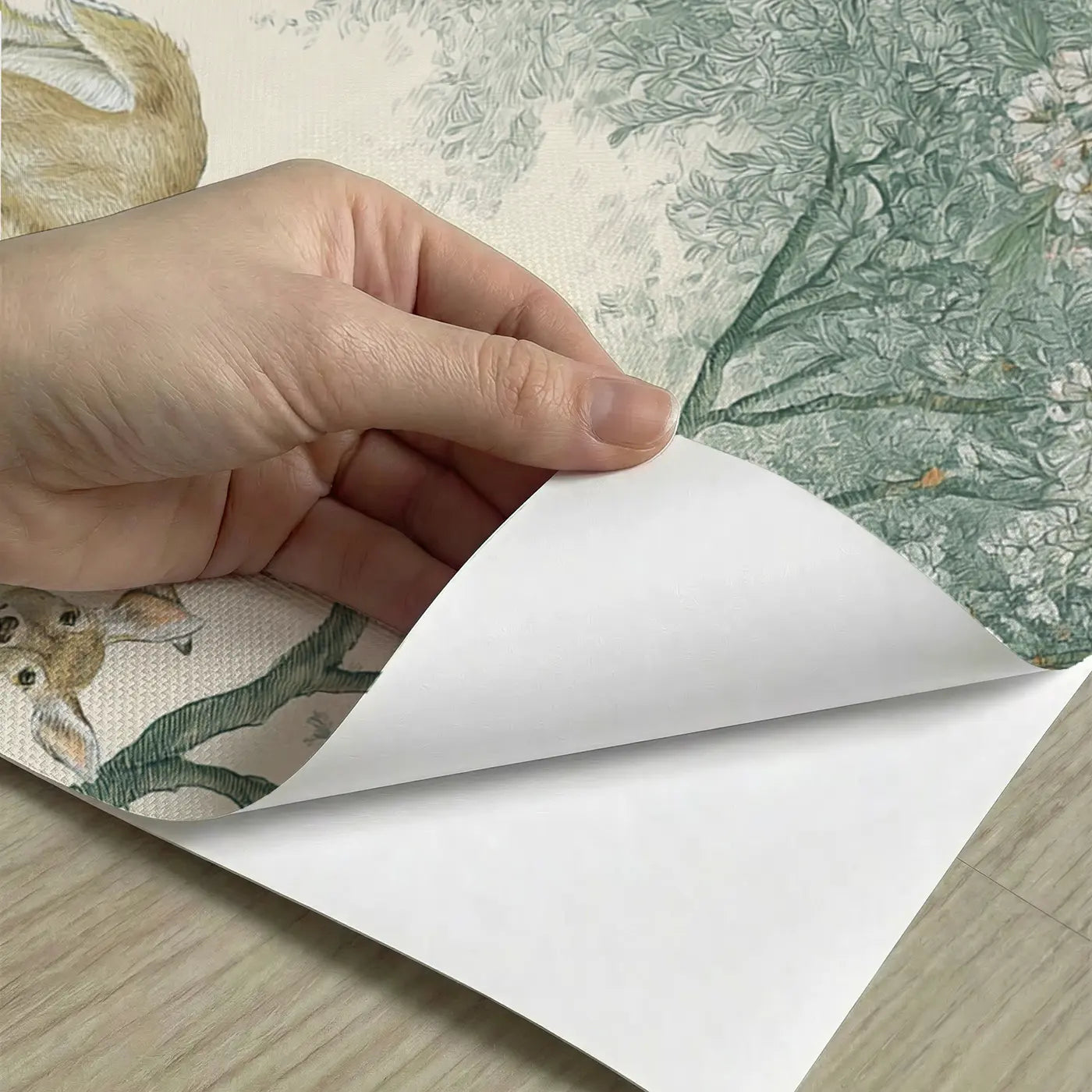 Peel-and-stick detail of Magnolia Canopy Deer Pheasant Wainscoting Wallpaper by Whimsy Tots