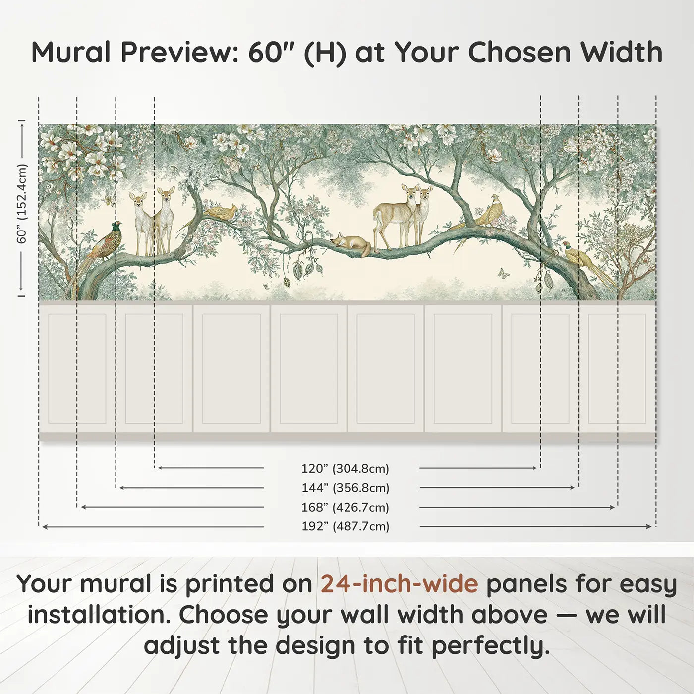 Panel dimensions for Magnolia Canopy Deer Pheasant Wainscoting Wallpaper by Whimsy Tots