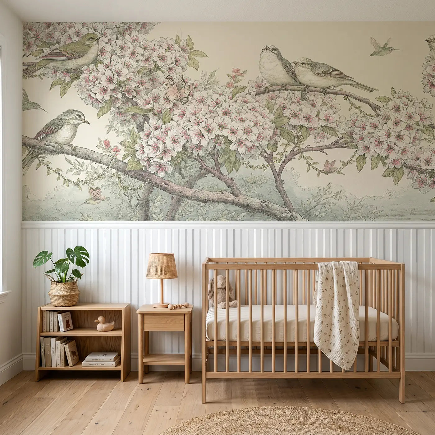 Botanical Elegance cherry blossom songbird cascade wainscoting wallpaper for nursery by Whimsy Tots