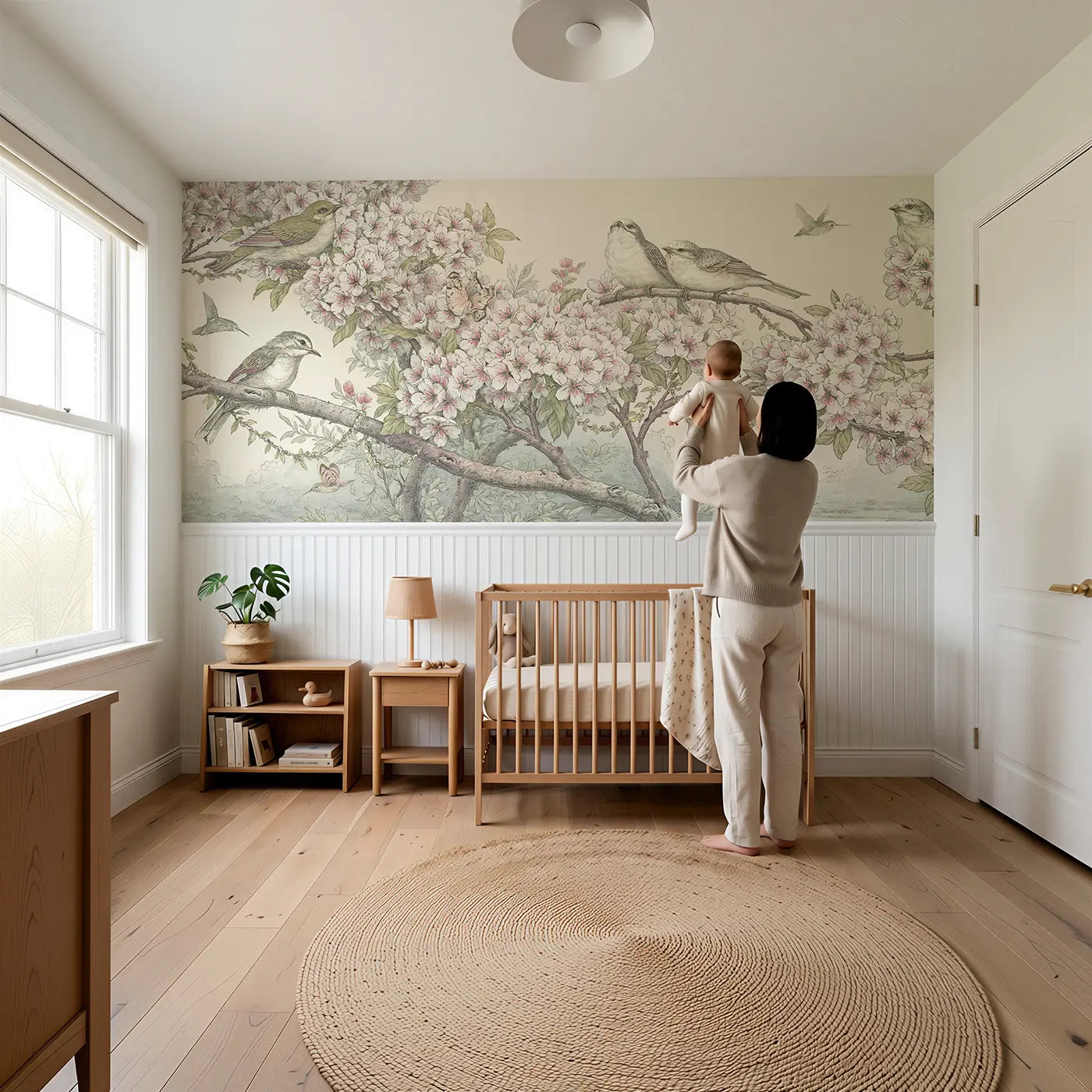Child reading near Cherry Blossom Songbird Cascade Wainscoting Wallpaper by Whimsy Tots