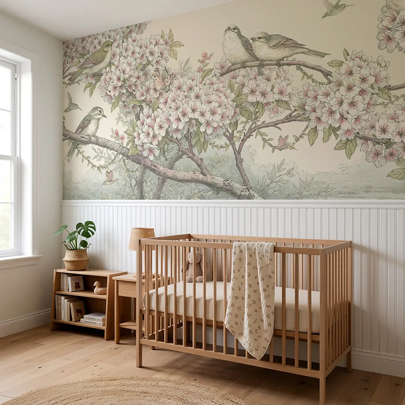 Cherry Blossom Songbird Cascade Wainscoting Wallpaper styled in a kids bedroom by Whimsy Tots