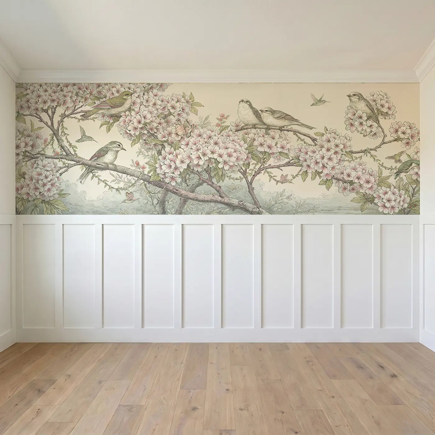Full panel view of Cherry Blossom Songbird Cascade Wainscoting Wallpaper by Whimsy Tots