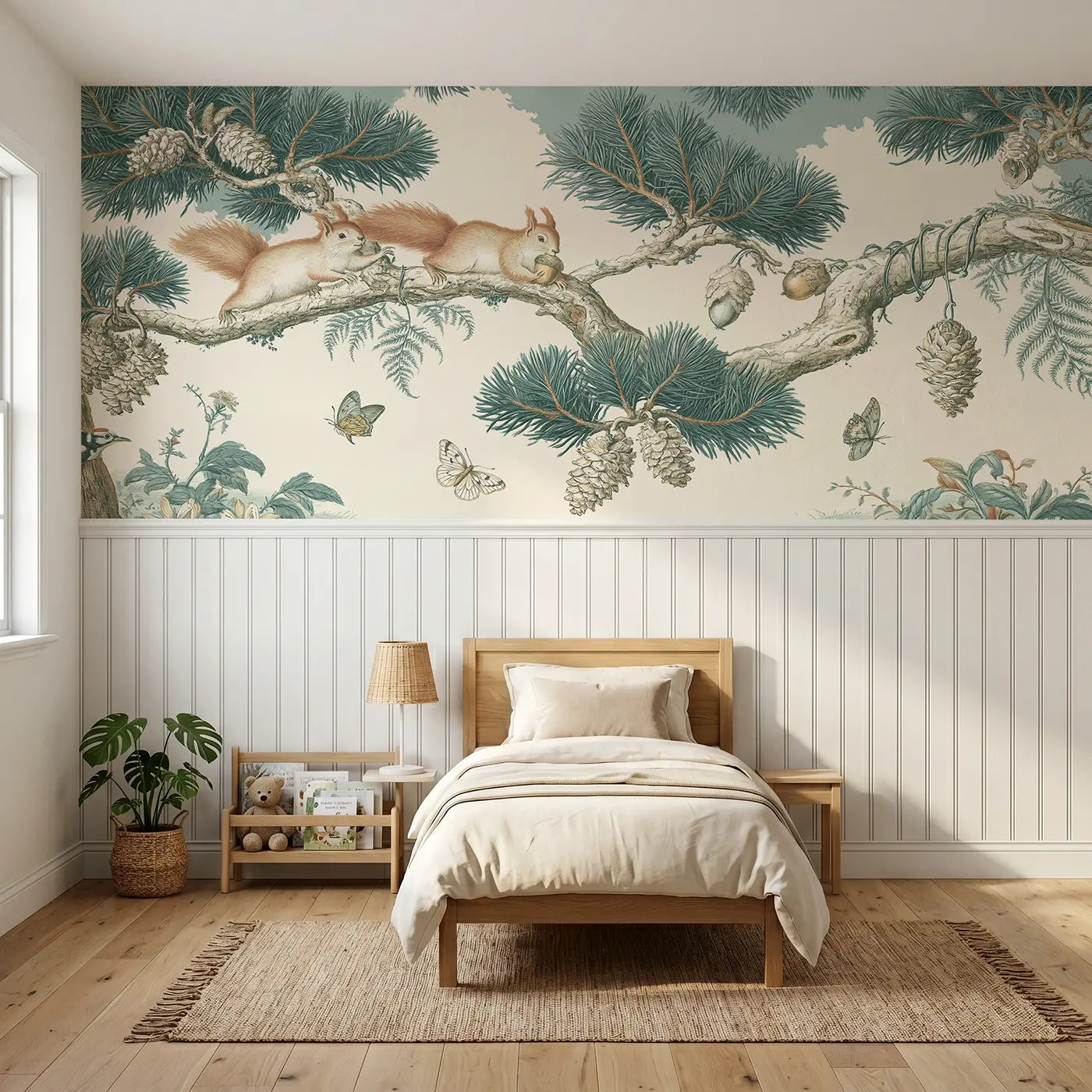 Botanical Elegance pine branch squirrel garden wainscoting wallpaper for bedroom by Whimsy Tots