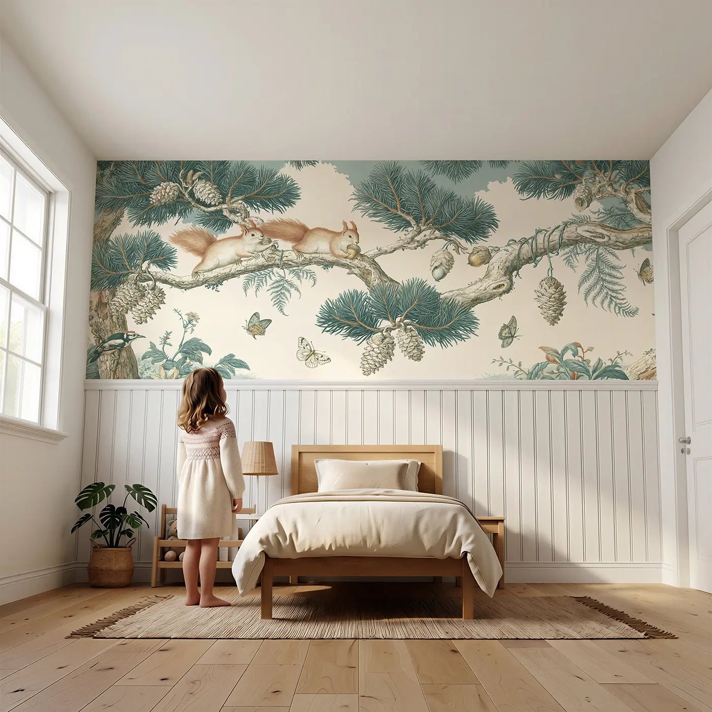 Child reading near Pine Branch Squirrel Garden Wainscoting Wallpaper by Whimsy Tots