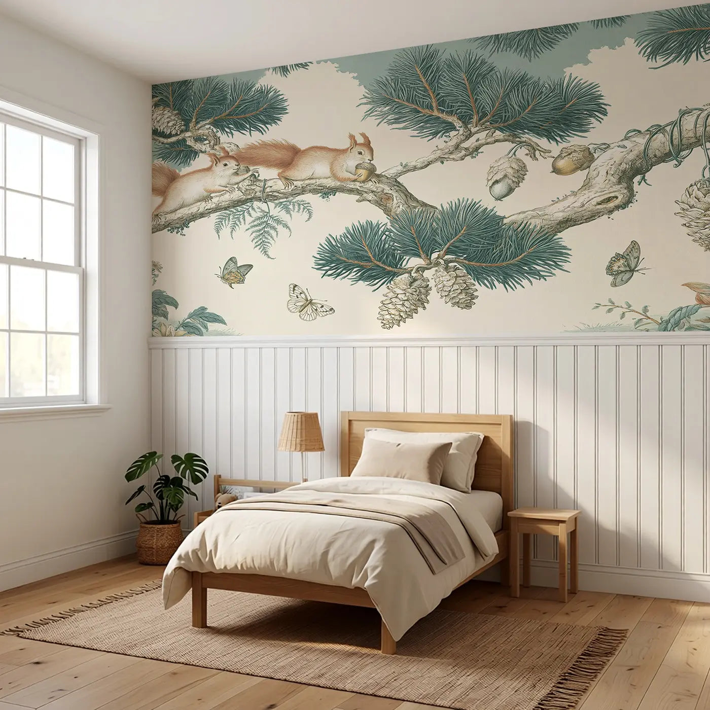 Pine Branch Squirrel Garden Wainscoting Wallpaper styled in a kids bedroom by Whimsy Tots