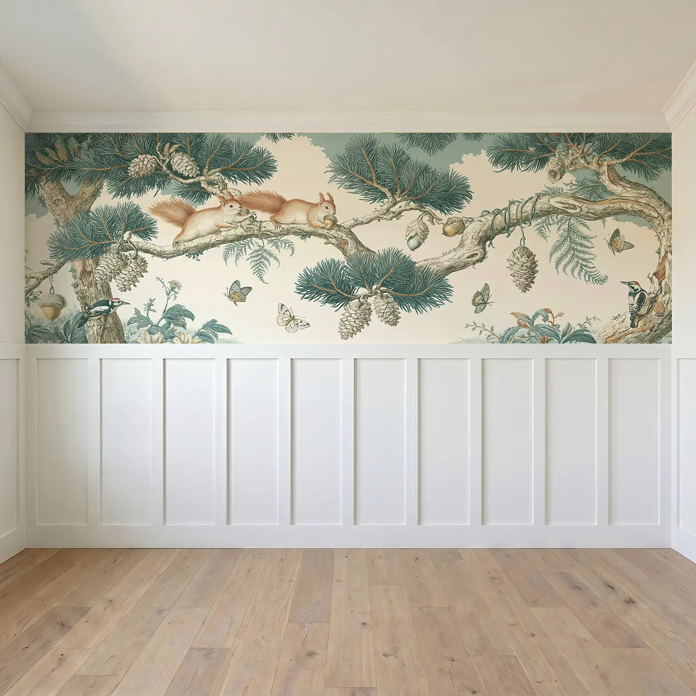 Full panel view of Pine Branch Squirrel Garden Wainscoting Wallpaper by Whimsy Tots