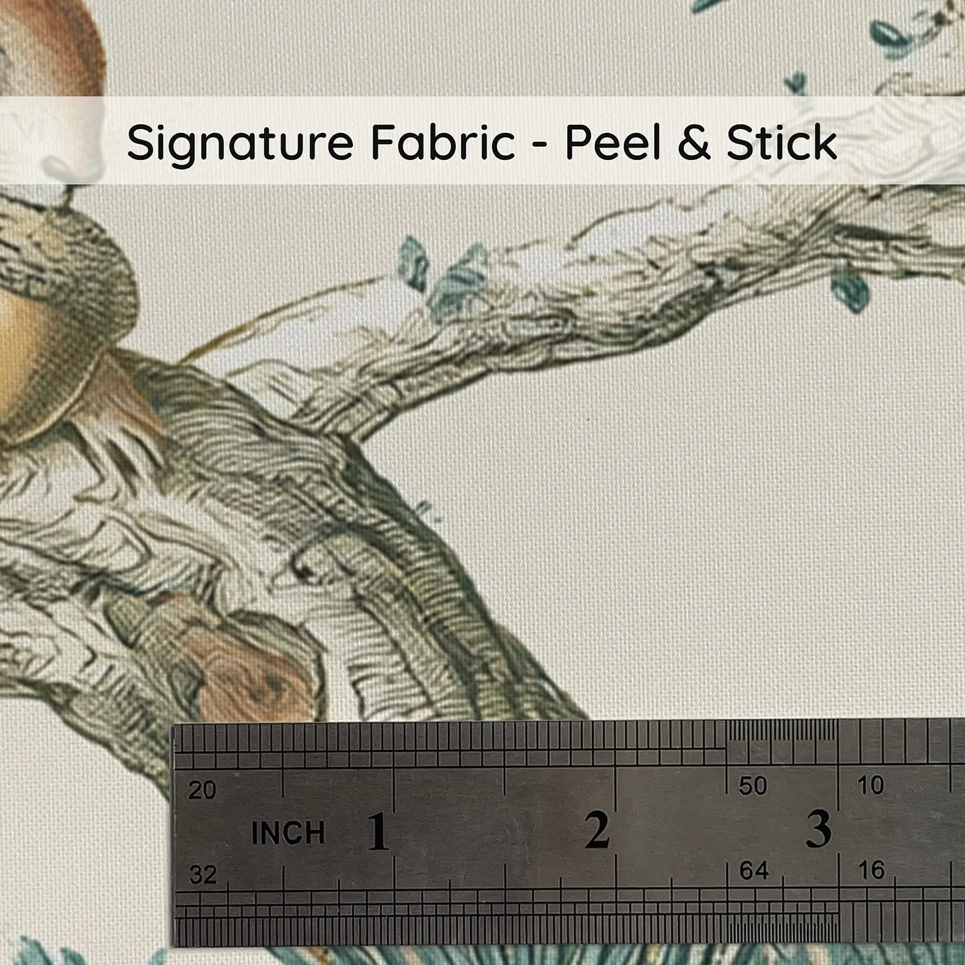 Fabric texture close-up of Pine Branch Squirrel Garden Wainscoting Wallpaper by Whimsy Tots