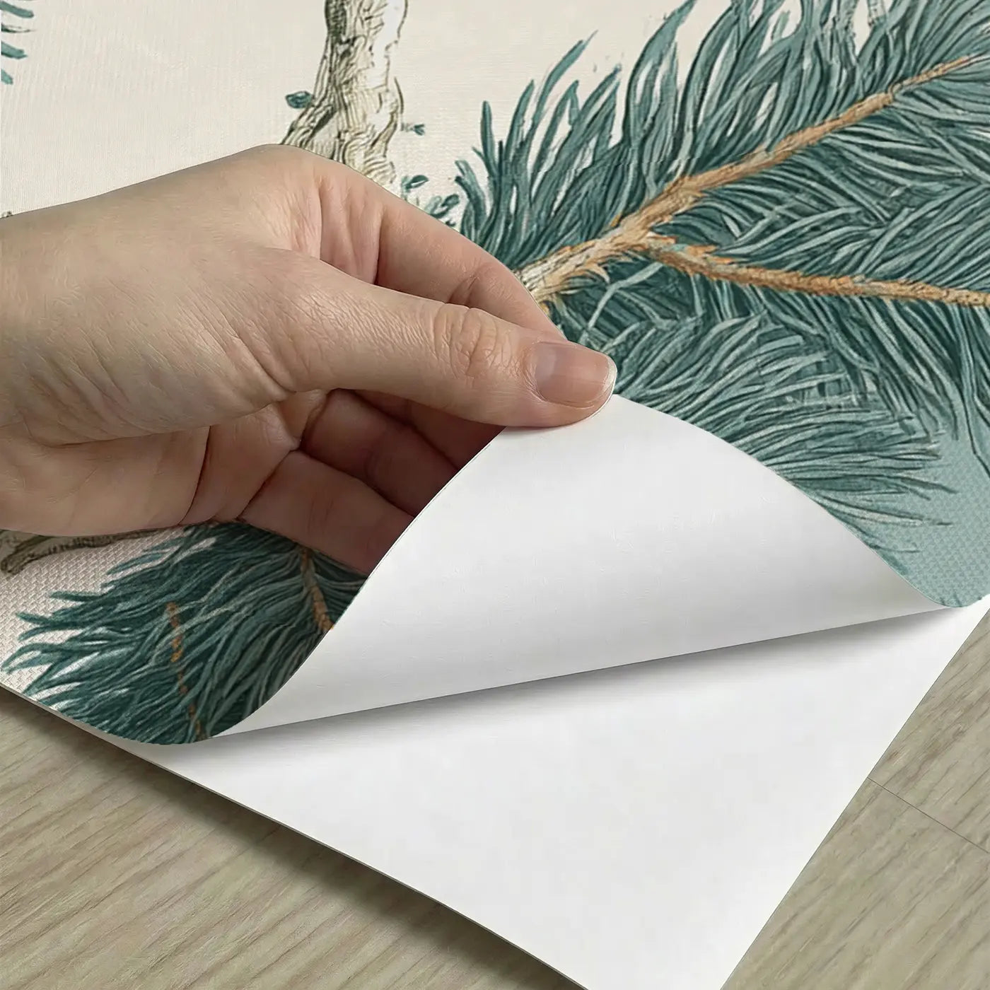 Peel-and-stick detail of Pine Branch Squirrel Garden Wainscoting Wallpaper by Whimsy Tots