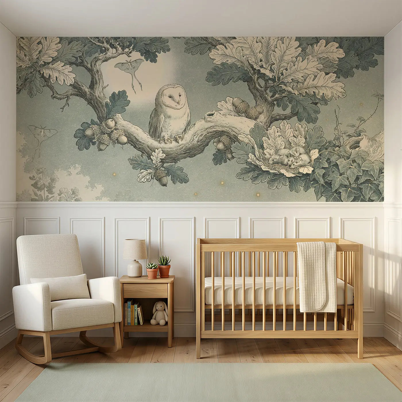 Botanical Elegance owl in oak wainscoting wallpaper for nursery by Whimsy Tots