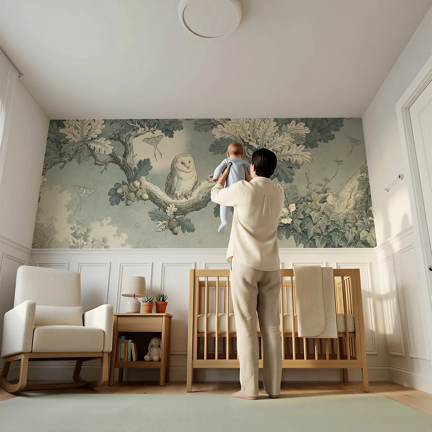 Child reading near Owl in Botanical Oak Wainscoting Wallpaper by Whimsy Tots
