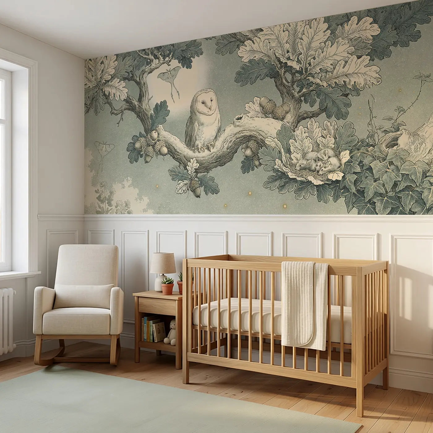 Owl in Botanical Oak Wainscoting Wallpaper styled in a kids bedroom by Whimsy Tots