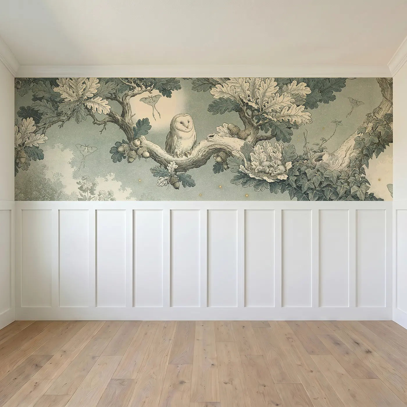 Full panel view of Owl in Botanical Oak Wainscoting Wallpaper by Whimsy Tots
