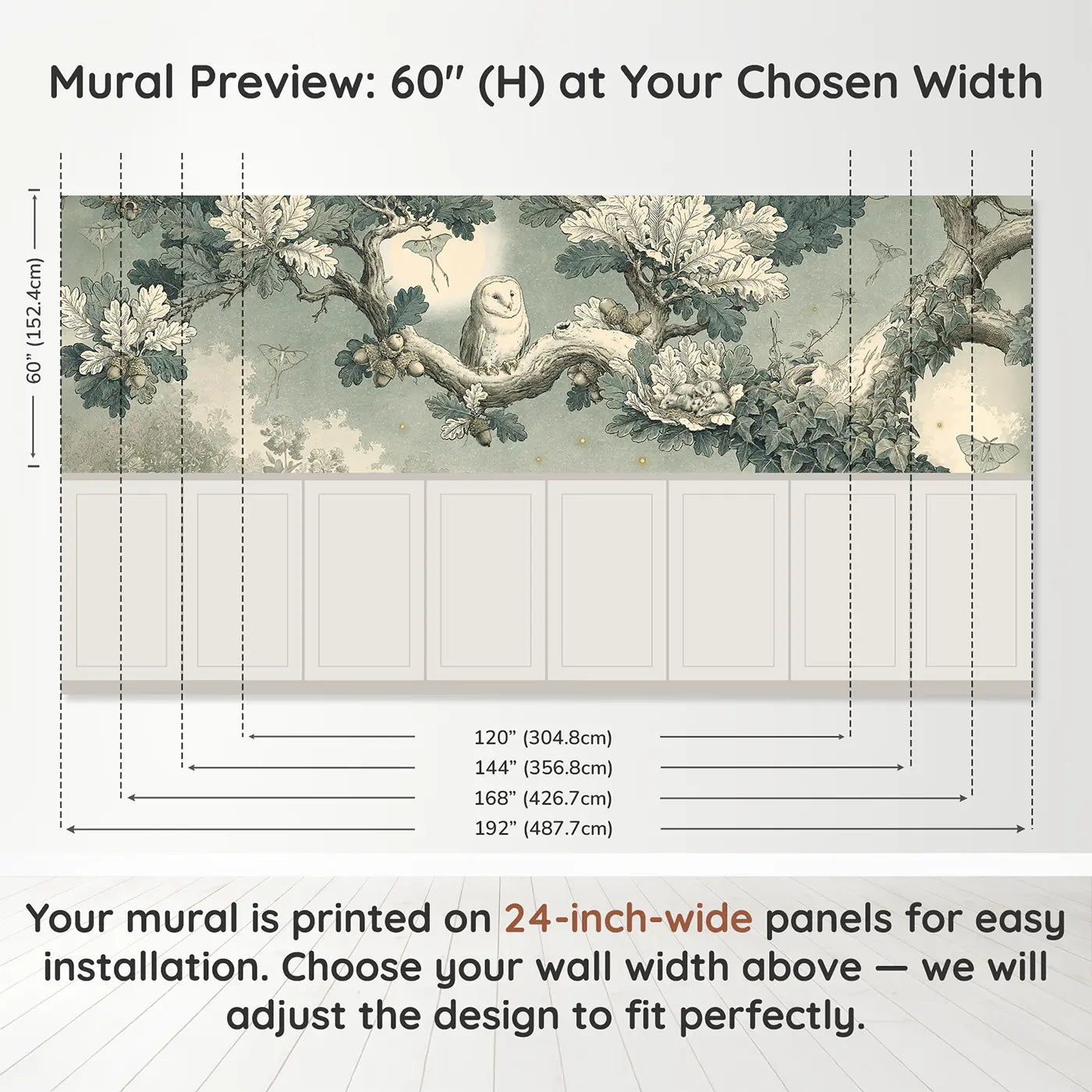 Panel dimensions for Owl in Botanical Oak Wainscoting Wallpaper by Whimsy Tots