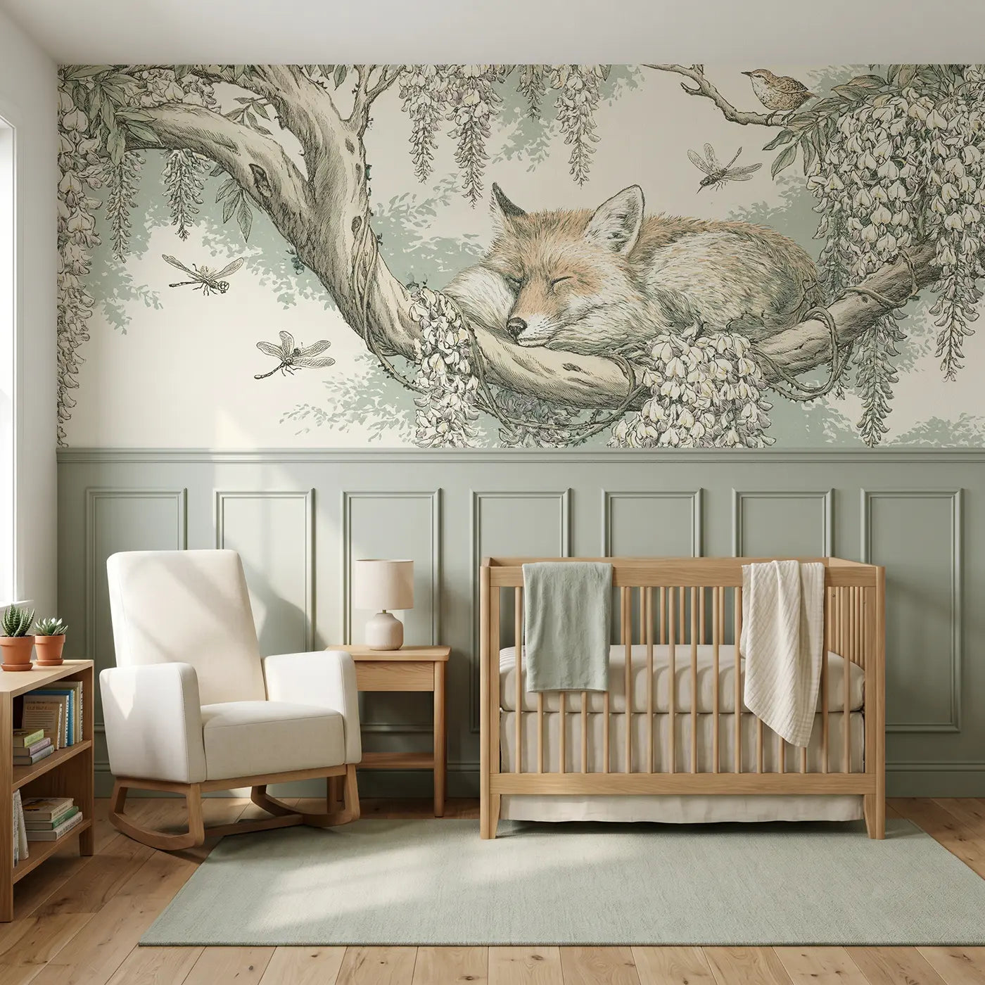 Botanical Elegance sleeping fox wisteria bough wainscoting wallpaper for nursery by Whimsy Tots