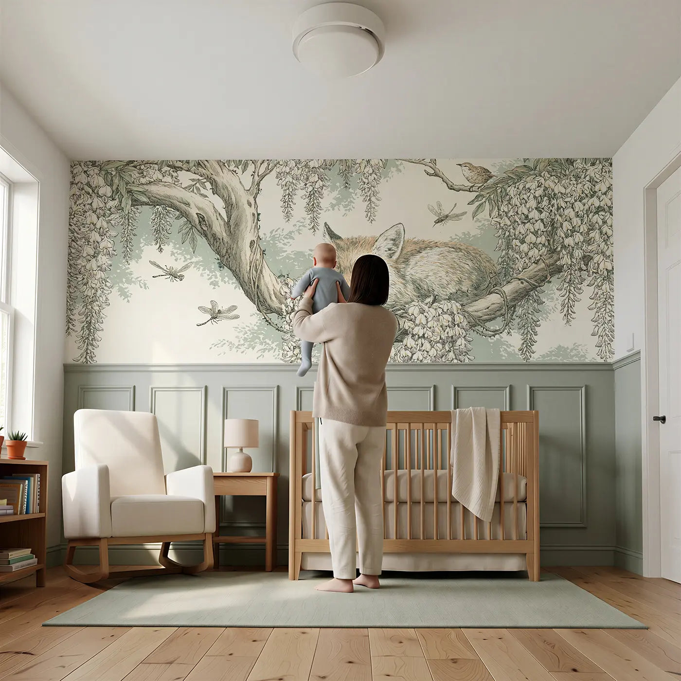 Child reading near Sleeping Fox Wisteria Bough Wainscoting Wallpaper by Whimsy Tots