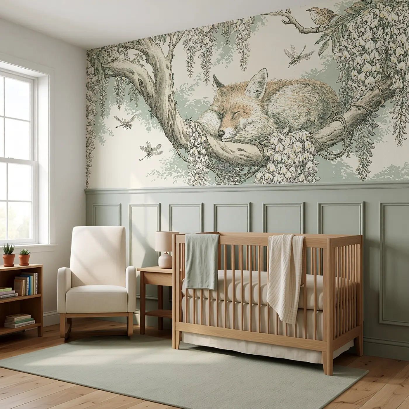 Sleeping Fox Wisteria Bough Wainscoting Wallpaper styled in a kids bedroom by Whimsy Tots
