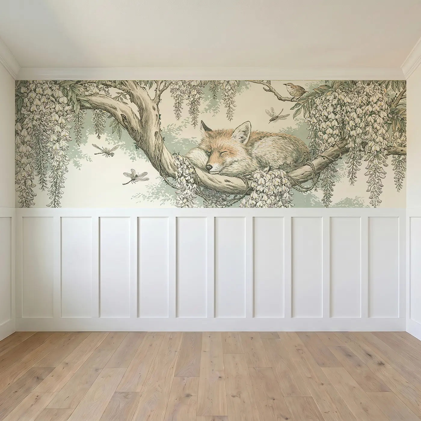Full panel view of Sleeping Fox Wisteria Bough Wainscoting Wallpaper by Whimsy Tots