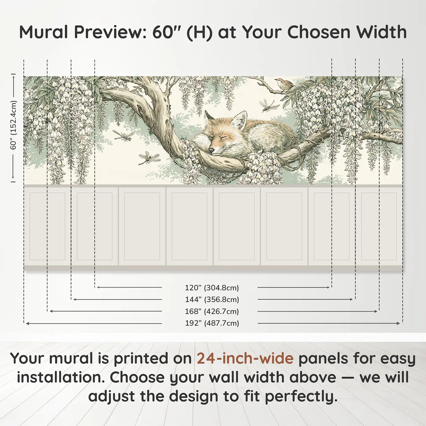 Panel dimensions for Sleeping Fox Wisteria Bough Wainscoting Wallpaper by Whimsy Tots