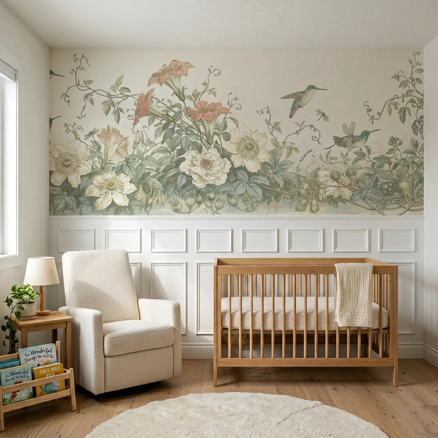 Botanical Elegance trailing vine hummingbird wainscoting wallpaper for nursery by Whimsy Tots