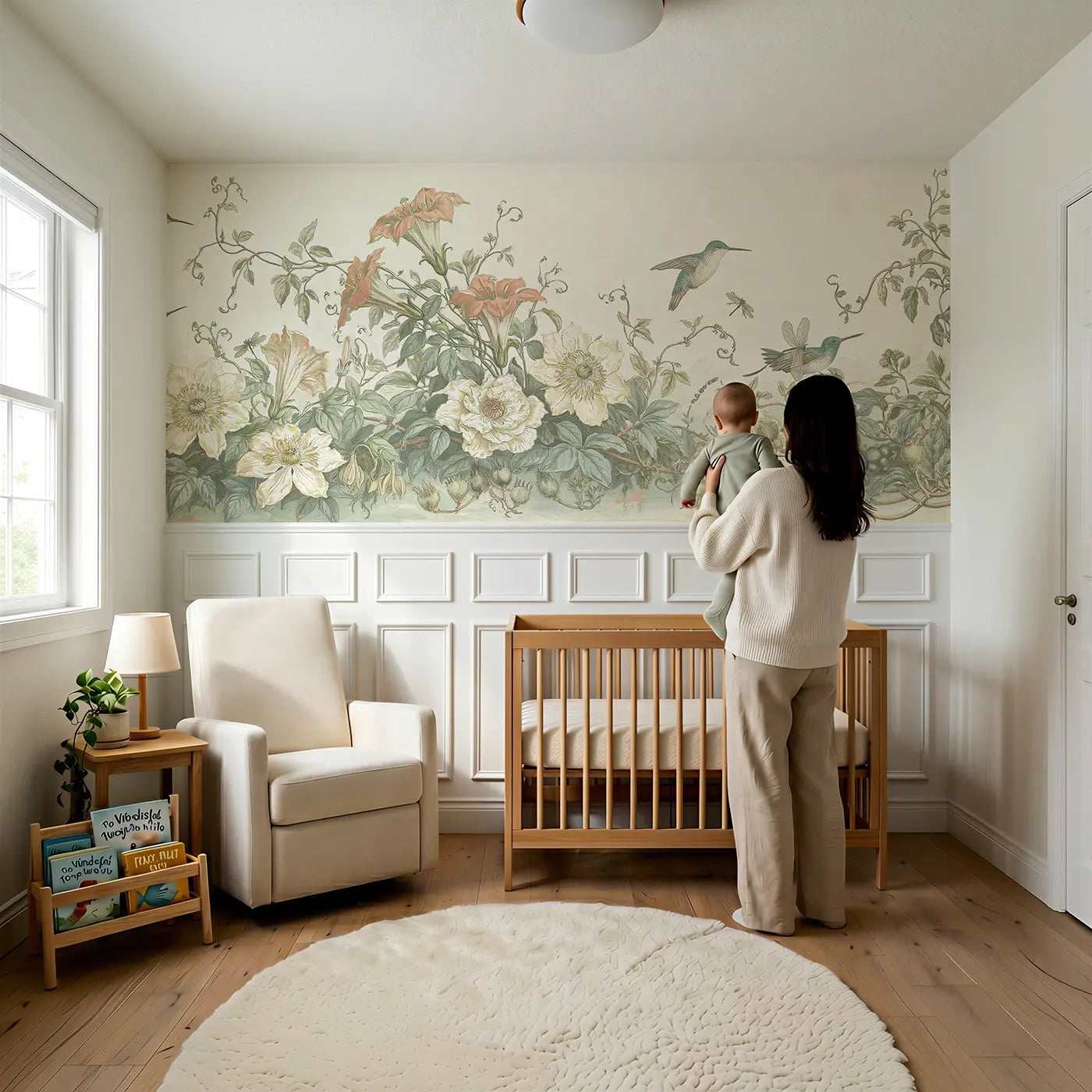 Child reading near Trailing Vine Hummingbird Wainscoting Wallpaper by Whimsy Tots