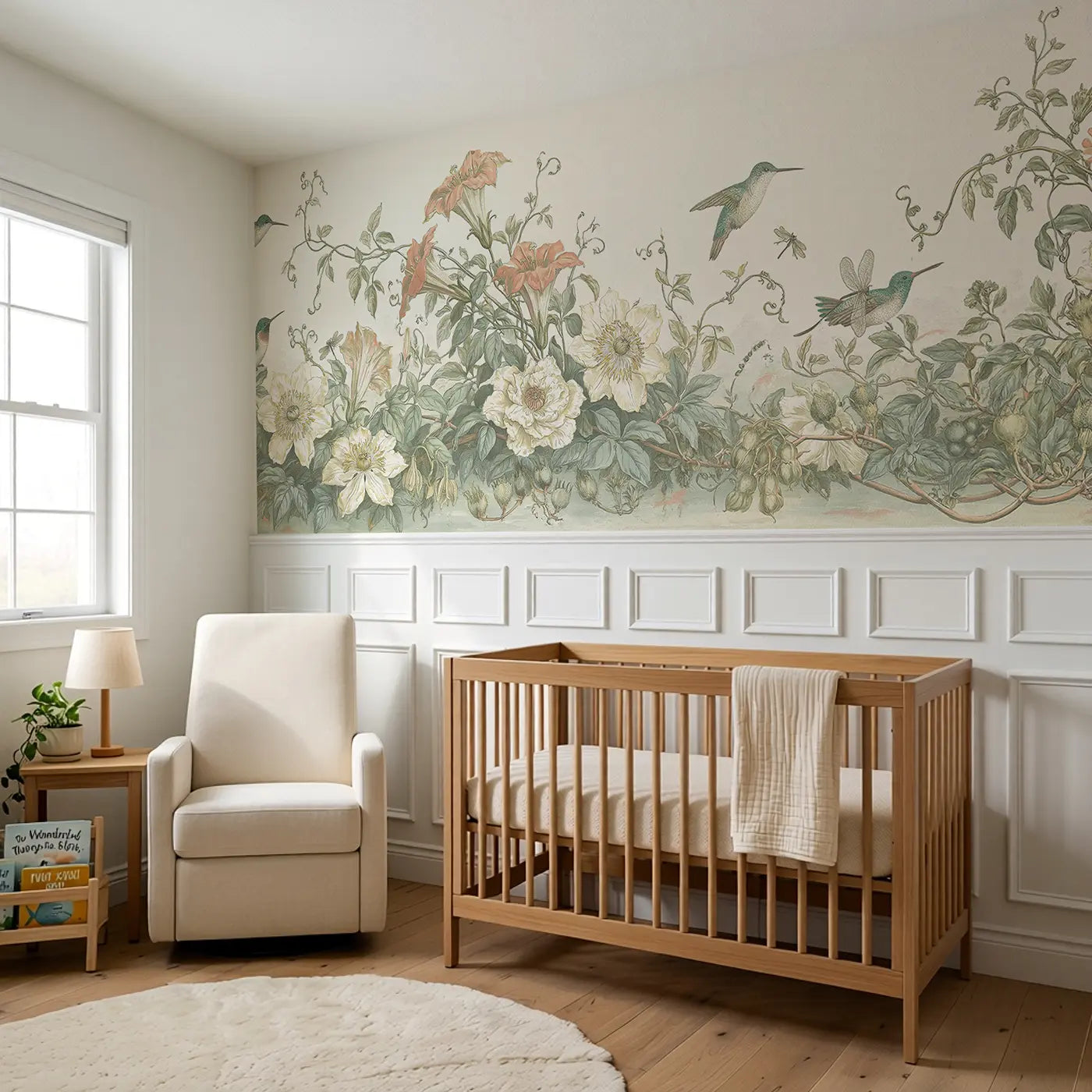 Trailing Vine Hummingbird Wainscoting Wallpaper styled in a kids bedroom by Whimsy Tots
