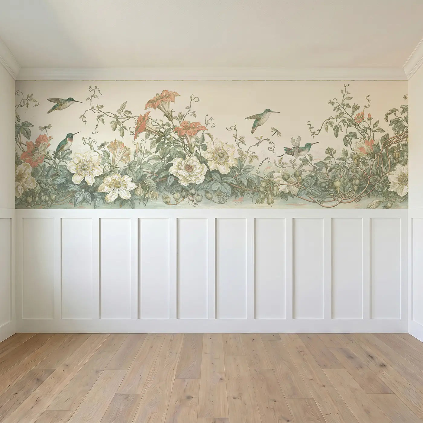 Full panel view of Trailing Vine Hummingbird Wainscoting Wallpaper by Whimsy Tots