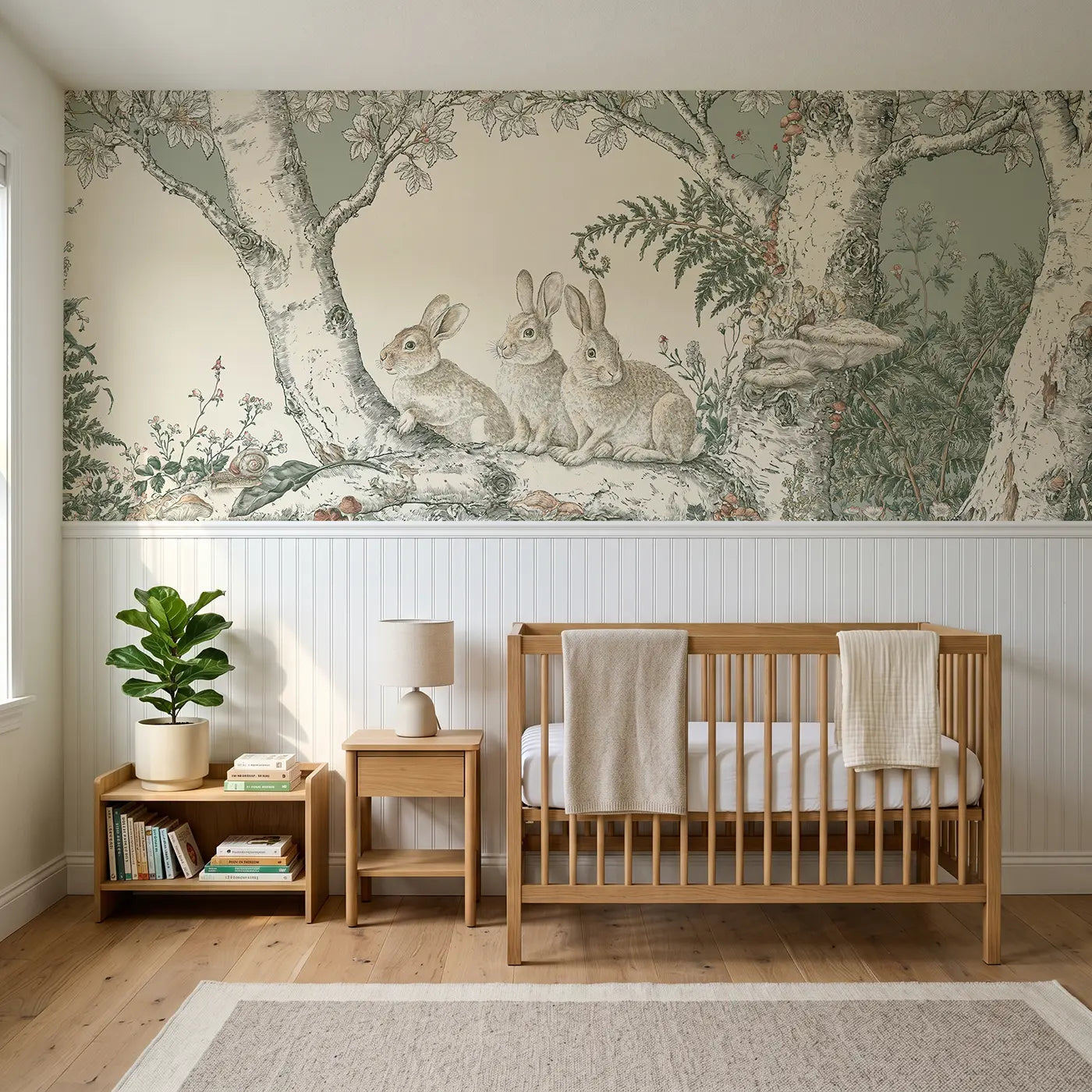 Botanical Elegance birch grove rabbit fern wainscoting wallpaper for nursery by Whimsy Tots