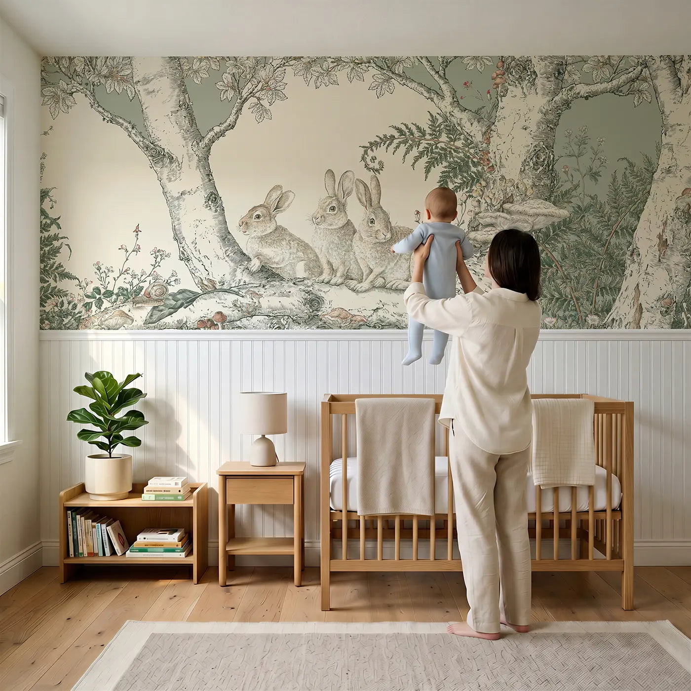 Child reading near Birch Grove Rabbit Fern Wainscoting Wallpaper by Whimsy Tots