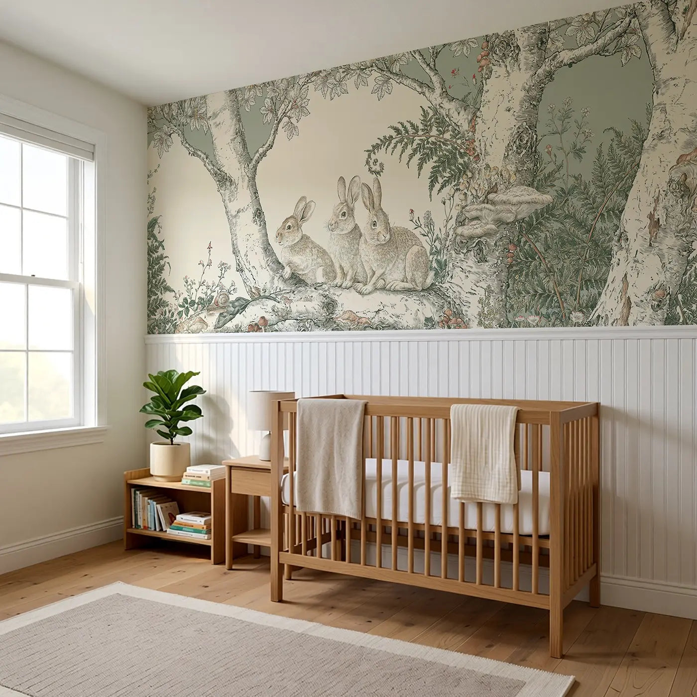 Birch Grove Rabbit Fern Wainscoting Wallpaper styled in a kids bedroom by Whimsy Tots
