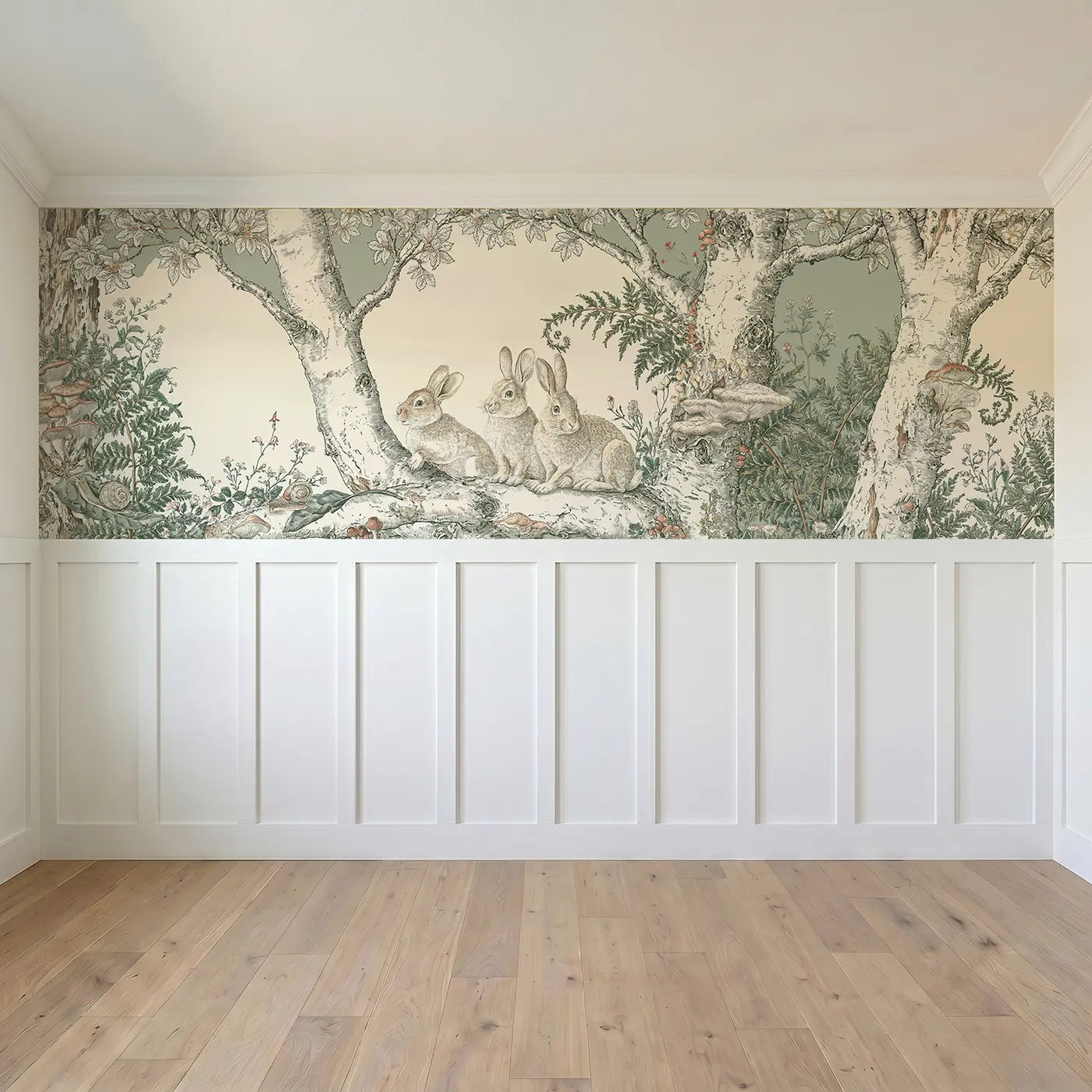 Full panel view of Birch Grove Rabbit Fern Wainscoting Wallpaper by Whimsy Tots