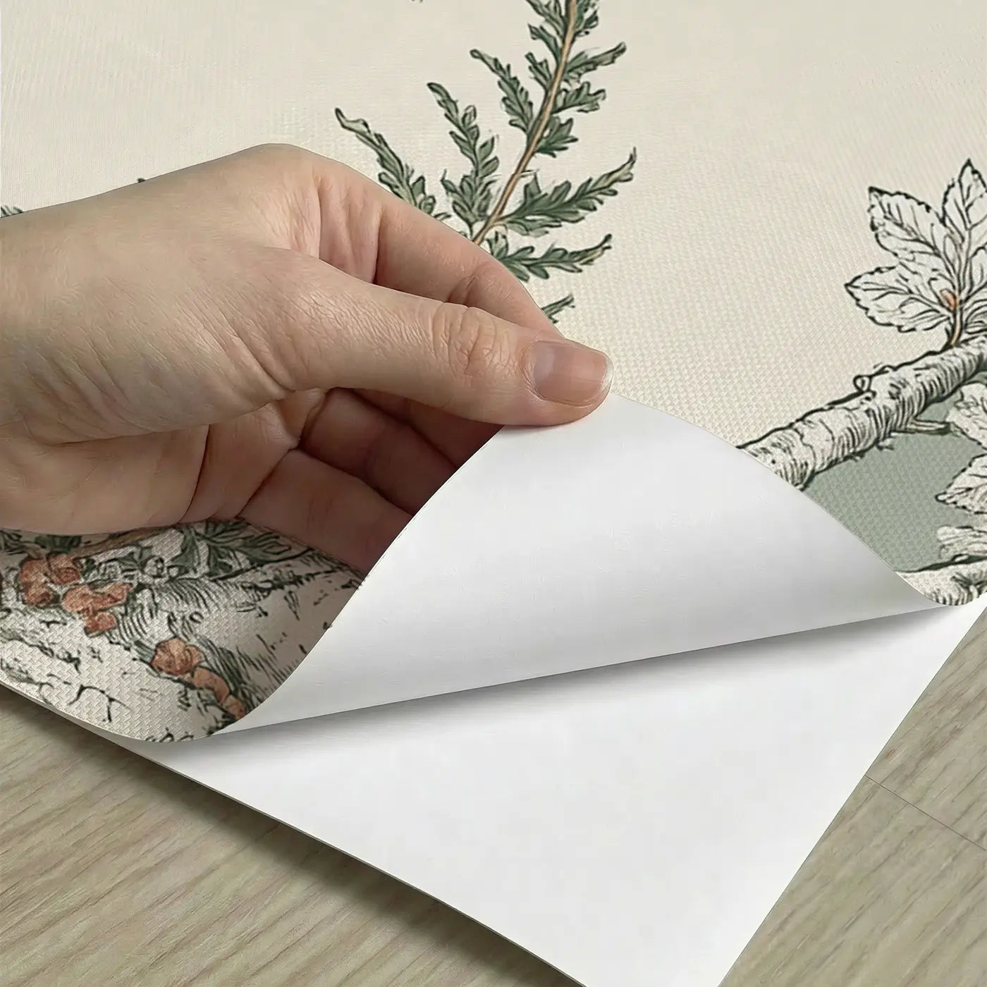 Peel-and-stick detail of Birch Grove Rabbit Fern Wainscoting Wallpaper by Whimsy Tots