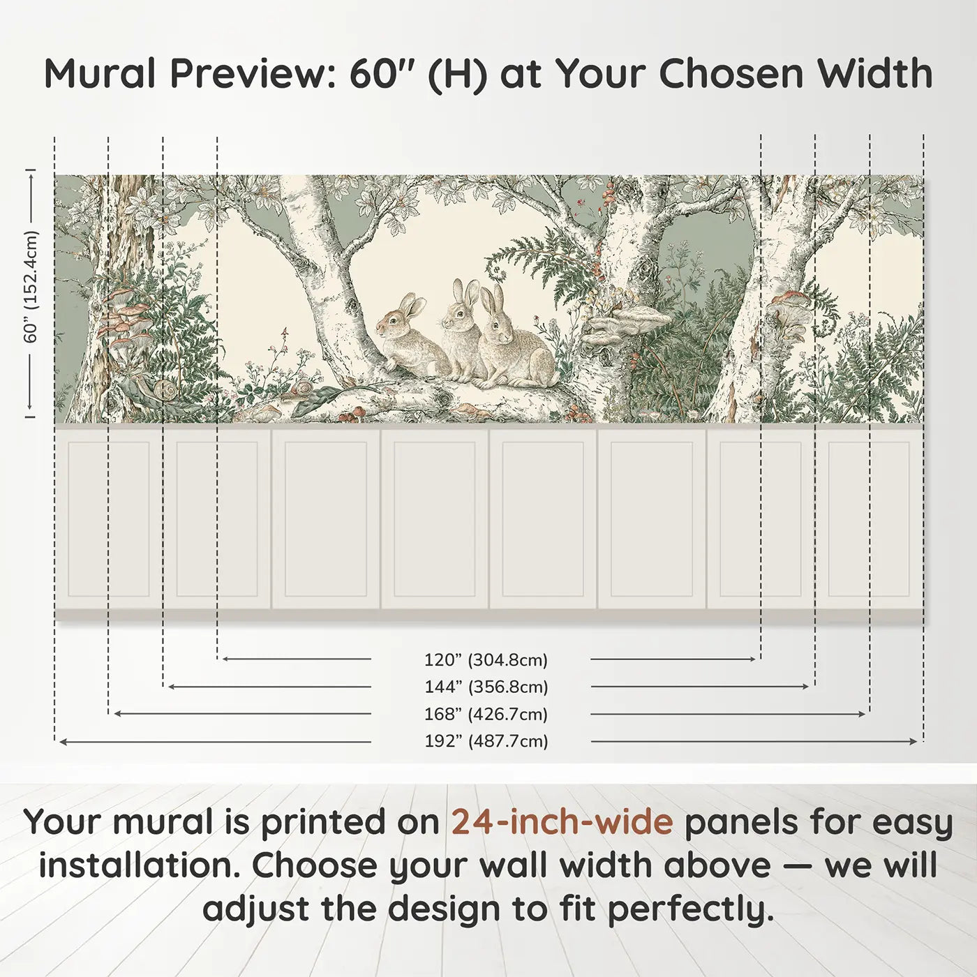 Panel dimensions for Birch Grove Rabbit Fern Wainscoting Wallpaper by Whimsy Tots