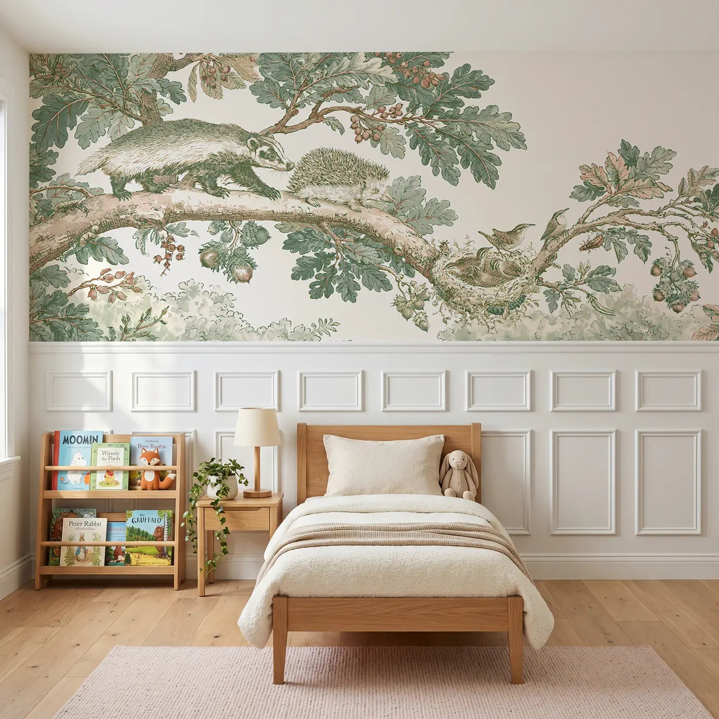 Botanical Elegance woodland badger hedgehog toile wainscoting wallpaper for bedroom by Whimsy Tots