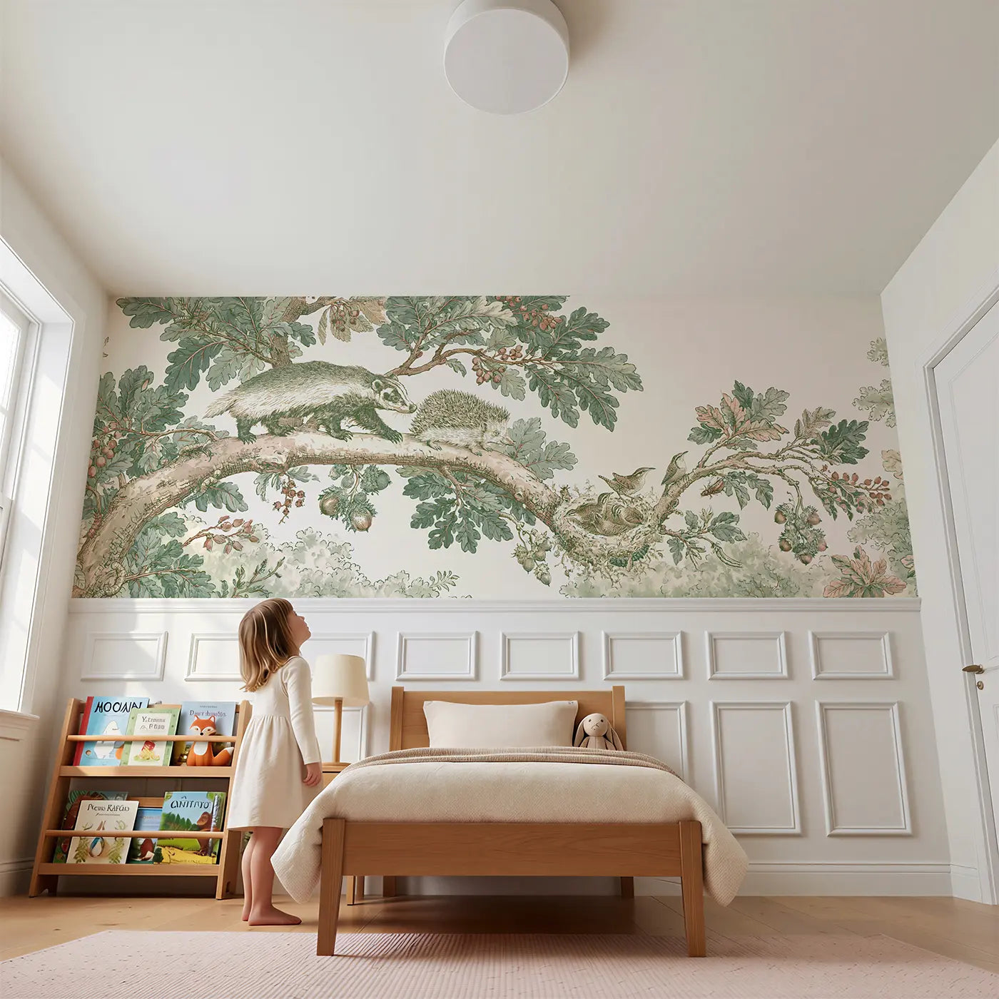 Child reading near Woodland Badger Hedgehog Toile Wainscoting Wallpaper by Whimsy Tots