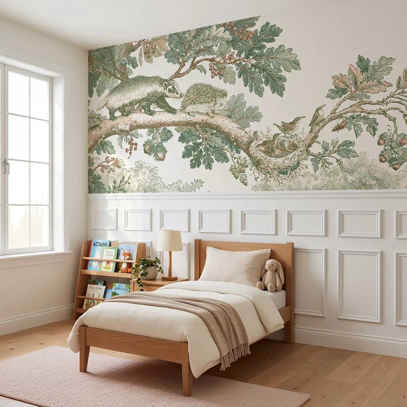 Woodland Badger Hedgehog Toile Wainscoting Wallpaper styled in a kids bedroom by Whimsy Tots