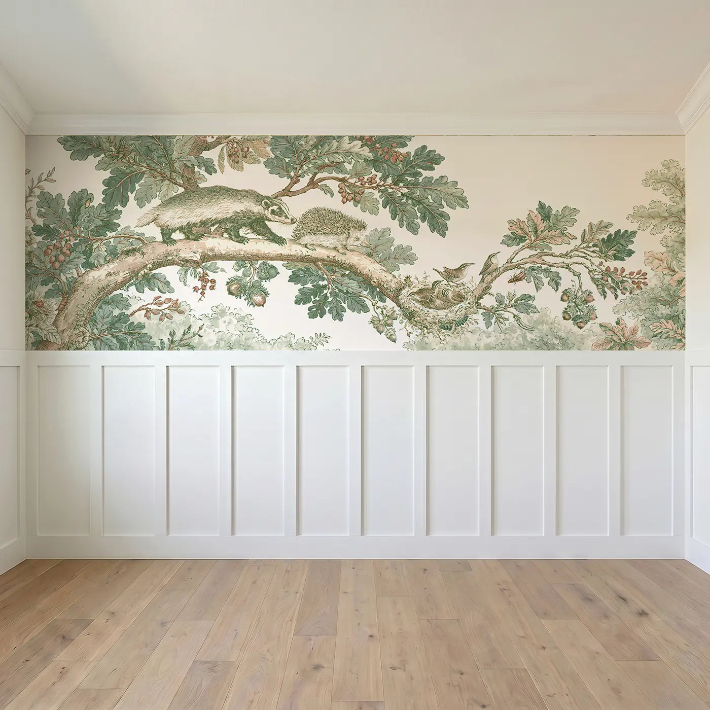 Full panel view of Woodland Badger Hedgehog Toile Wainscoting Wallpaper by Whimsy Tots