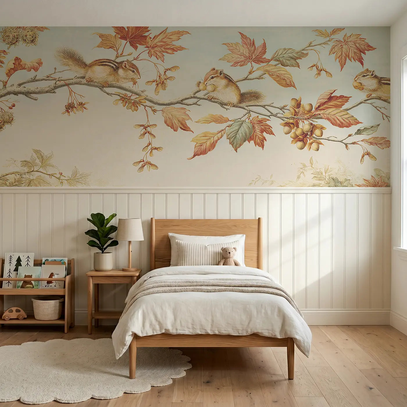 Botanical Elegance autumn branch chipmunk pods wainscoting wallpaper for bedroom by Whimsy Tots