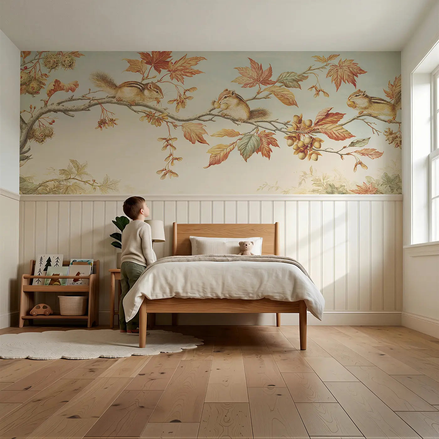 Child reading near Autumn Branch Chipmunk Pods Wainscoting Wallpaper by Whimsy Tots