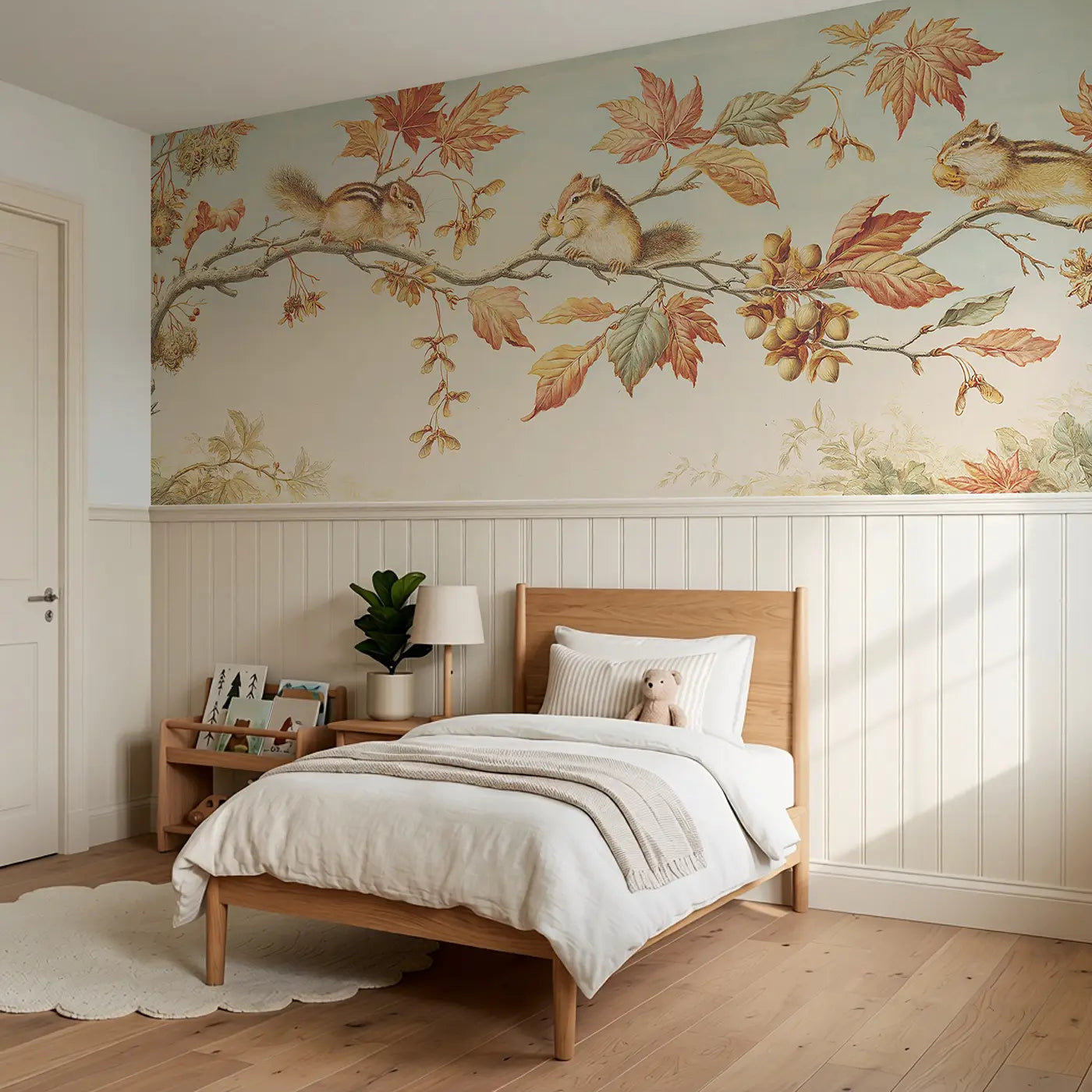 Autumn Branch Chipmunk Pods Wainscoting Wallpaper styled in a kids bedroom by Whimsy Tots