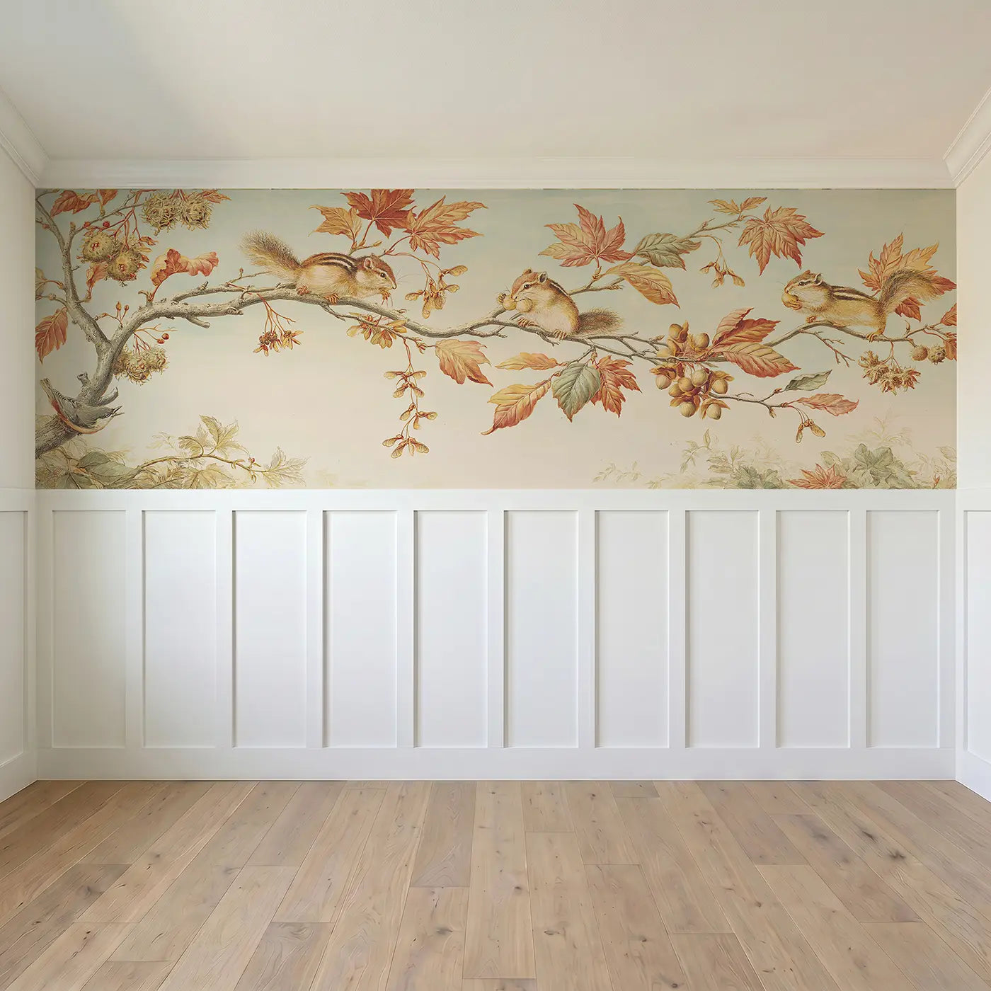 Full panel view of Autumn Branch Chipmunk Pods Wainscoting Wallpaper by Whimsy Tots