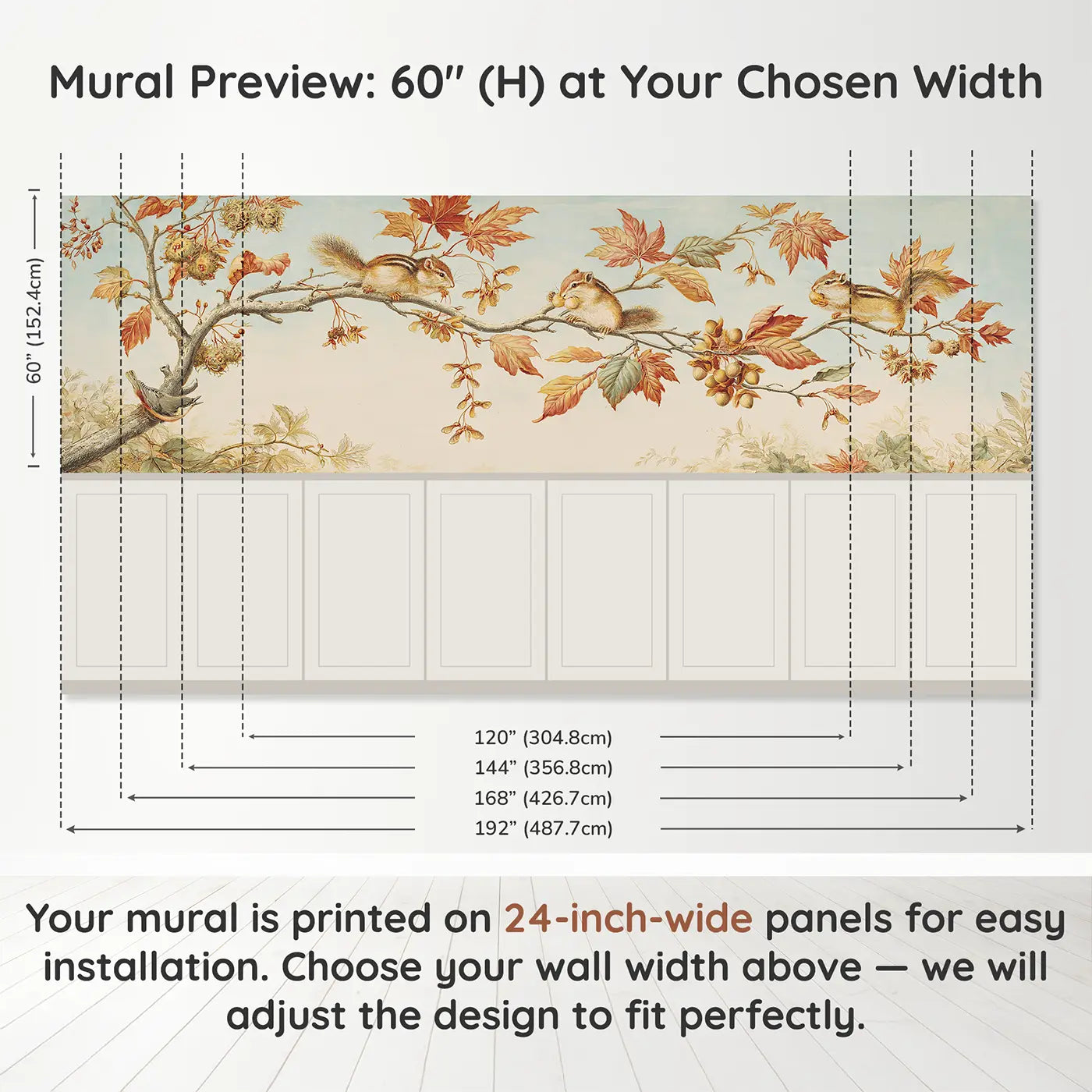 Panel dimensions for Autumn Branch Chipmunk Pods Wainscoting Wallpaper by Whimsy Tots
