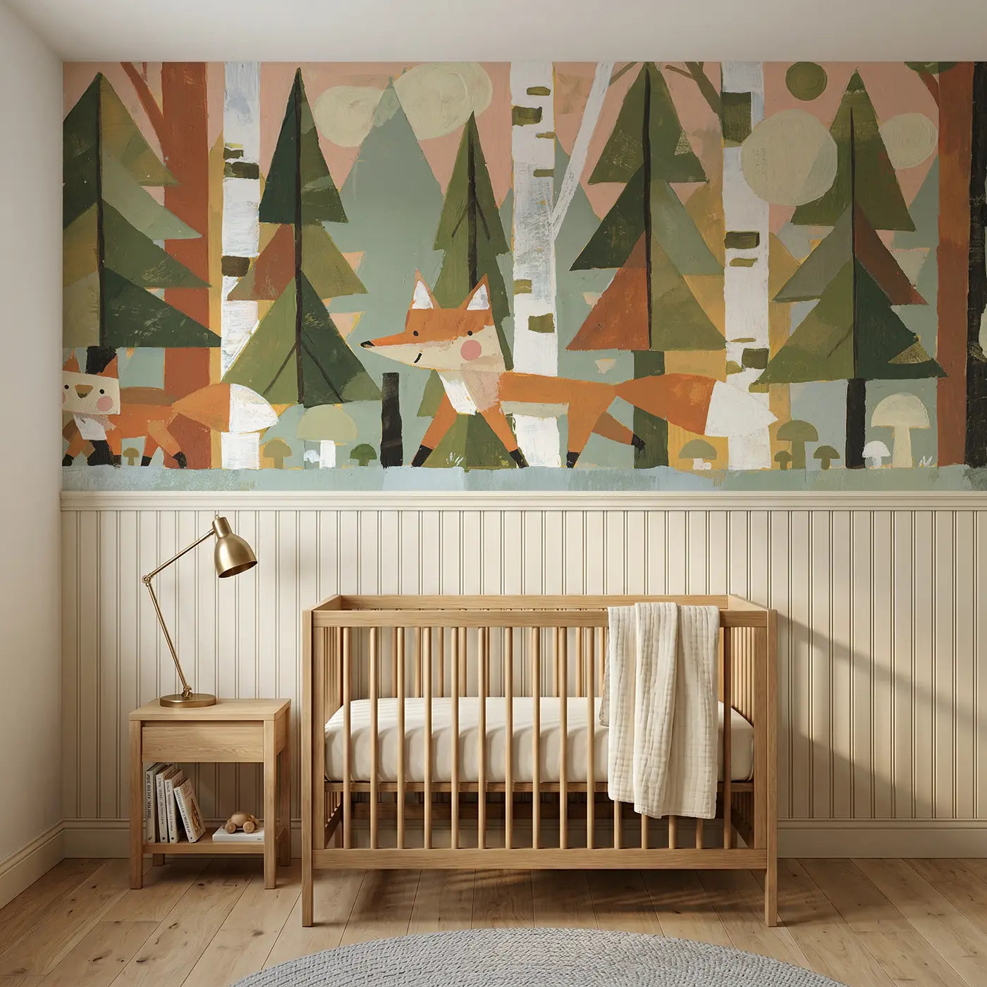 Modern Illustration fox family geometric forest wainscoting wallpaper for nursery by Whimsy Tots