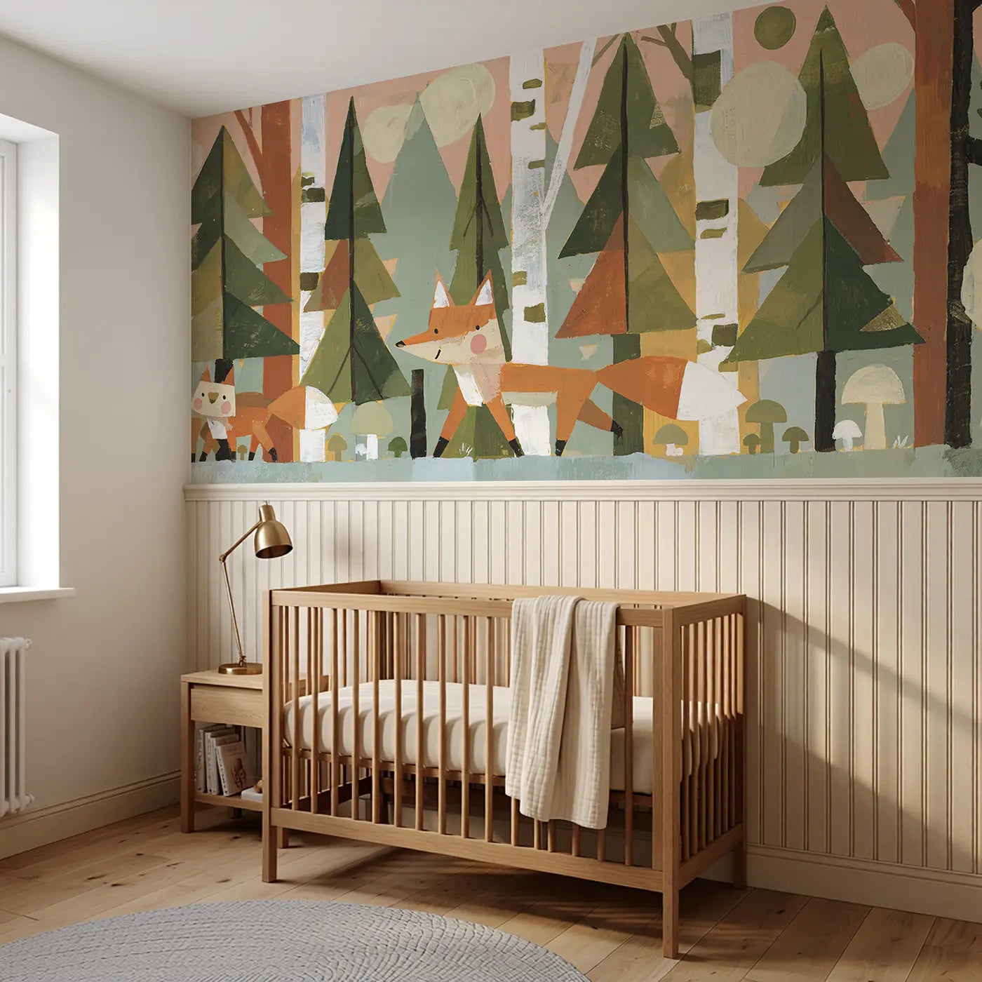 Fox Family Geometric Forest Wainscoting Wallpaper styled in a kids bedroom by Whimsy Tots