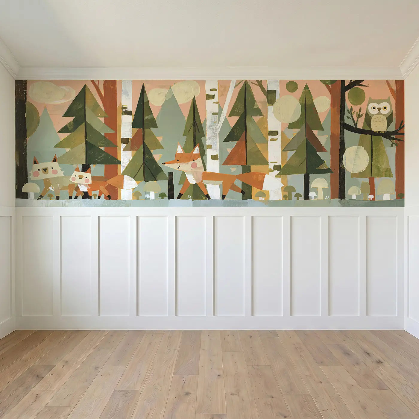Full panel view of Fox Family Geometric Forest Wainscoting Wallpaper by Whimsy Tots