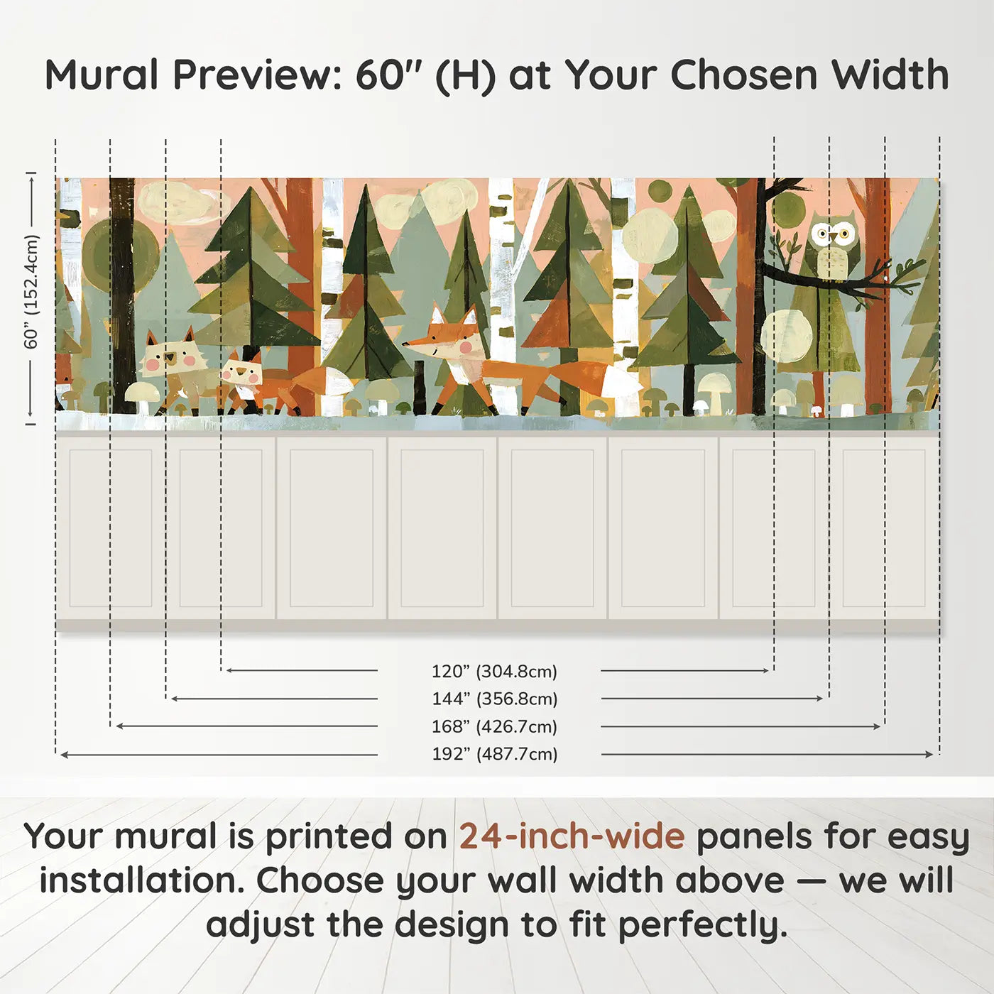 Panel dimensions for Fox Family Geometric Forest Wainscoting Wallpaper by Whimsy Tots