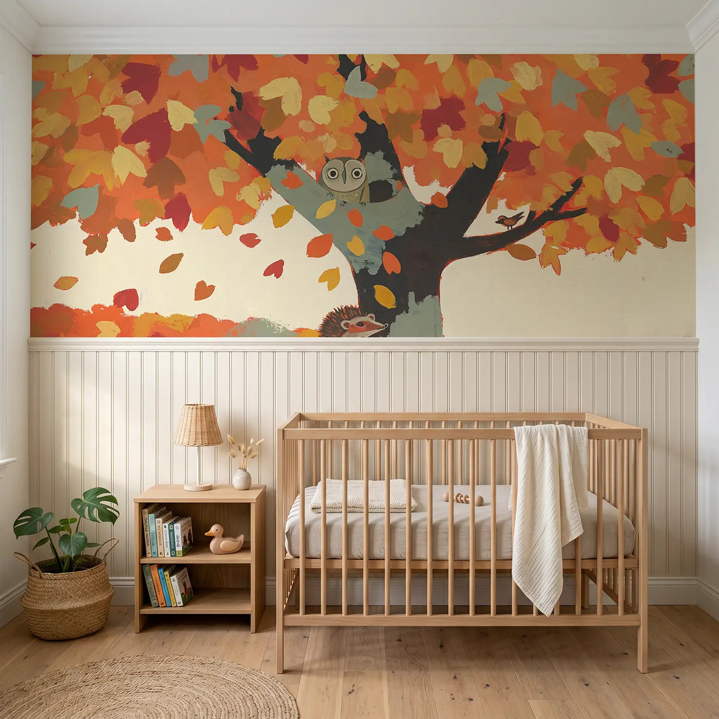 Modern Illustration colorful owl autumn tree wainscoting wallpaper for nursery by Whimsy Tots